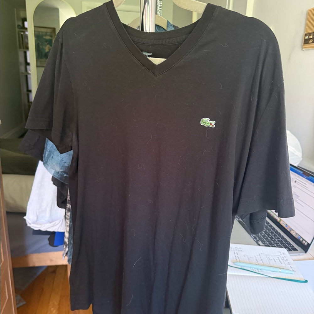 Lacoste Black V-Neck Tee with Logo
